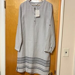 Garnet Hill Light Gray Long-Sleeve Henley Dress with Navy Stripes, with pockets.